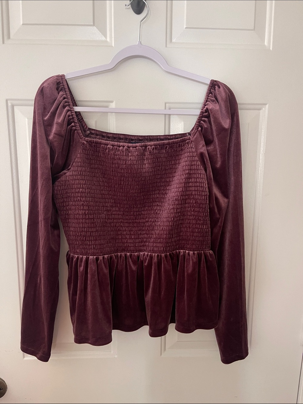 GAP Velvet Smocked Peplum Long-Sleeve Top - Burgundy